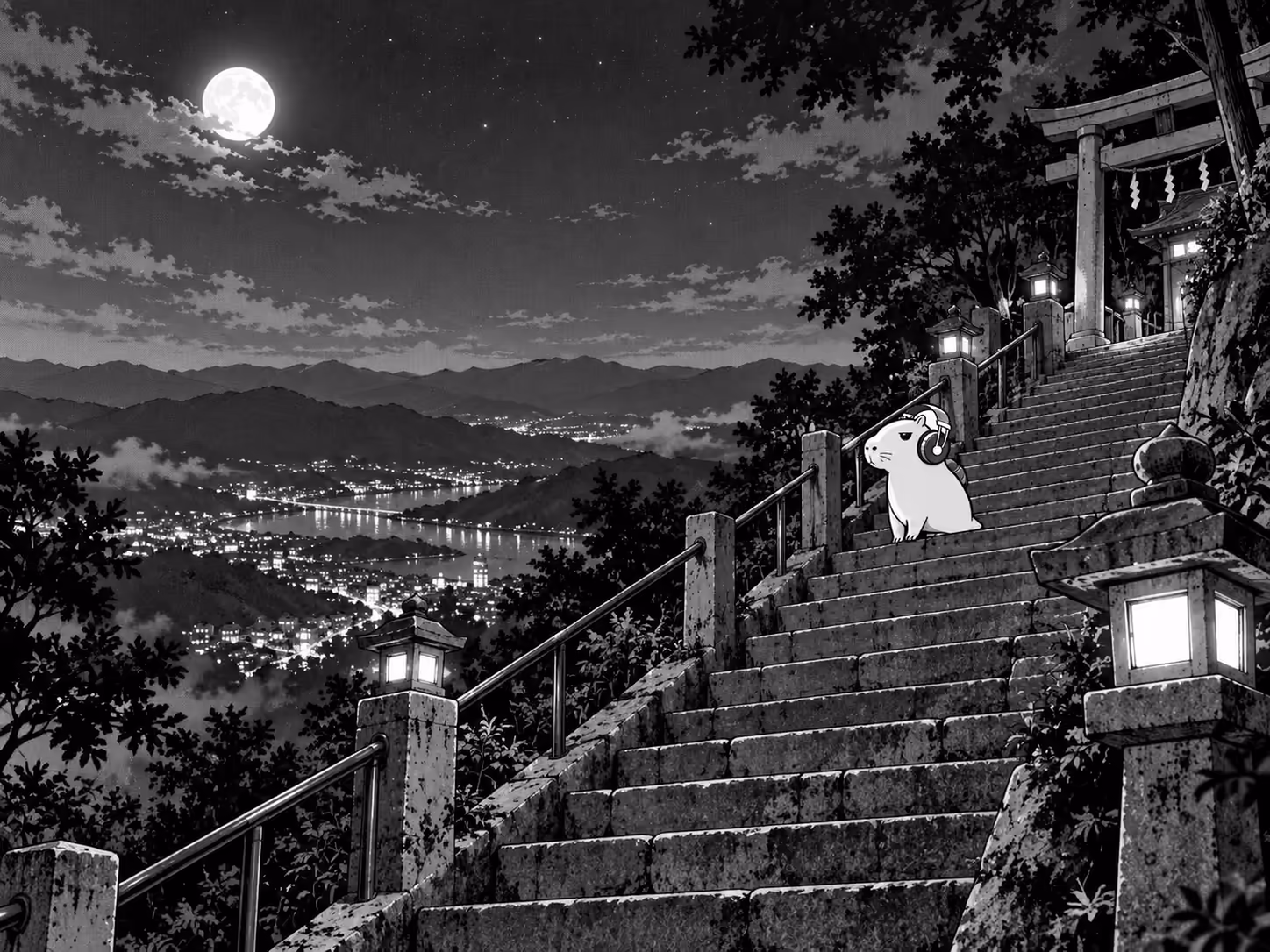 月夜の街を見下ろす階段。小さくたたずむかるぴん