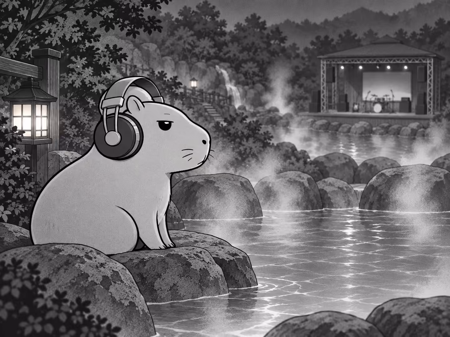ヘッドホンをつけたかるぴんが温泉のほとりでくつろぐ。奥には小さな音楽ステージ