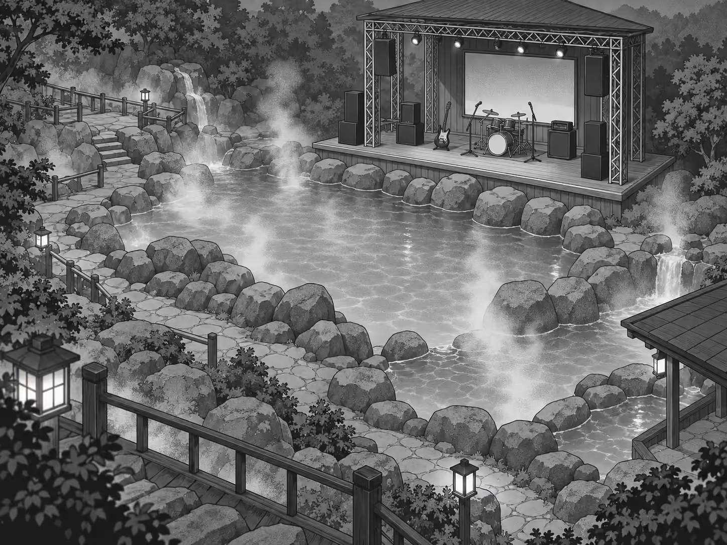 木々と湯けむりに囲まれた、小さな音楽ステージ
