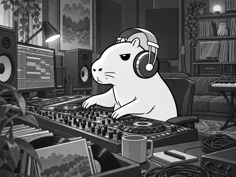 ヘッドホンをつけたかるぴんと音楽機材を描いたイラスト