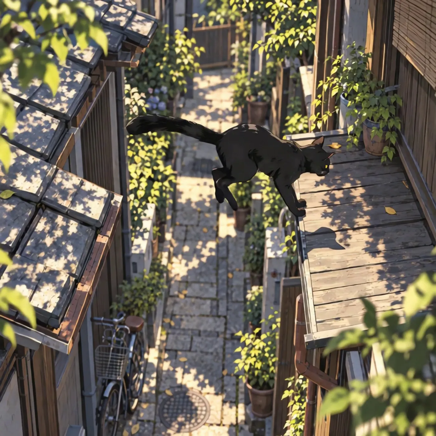 住宅の間の細い路地を、木の庇に向かって飛び移る黒猫