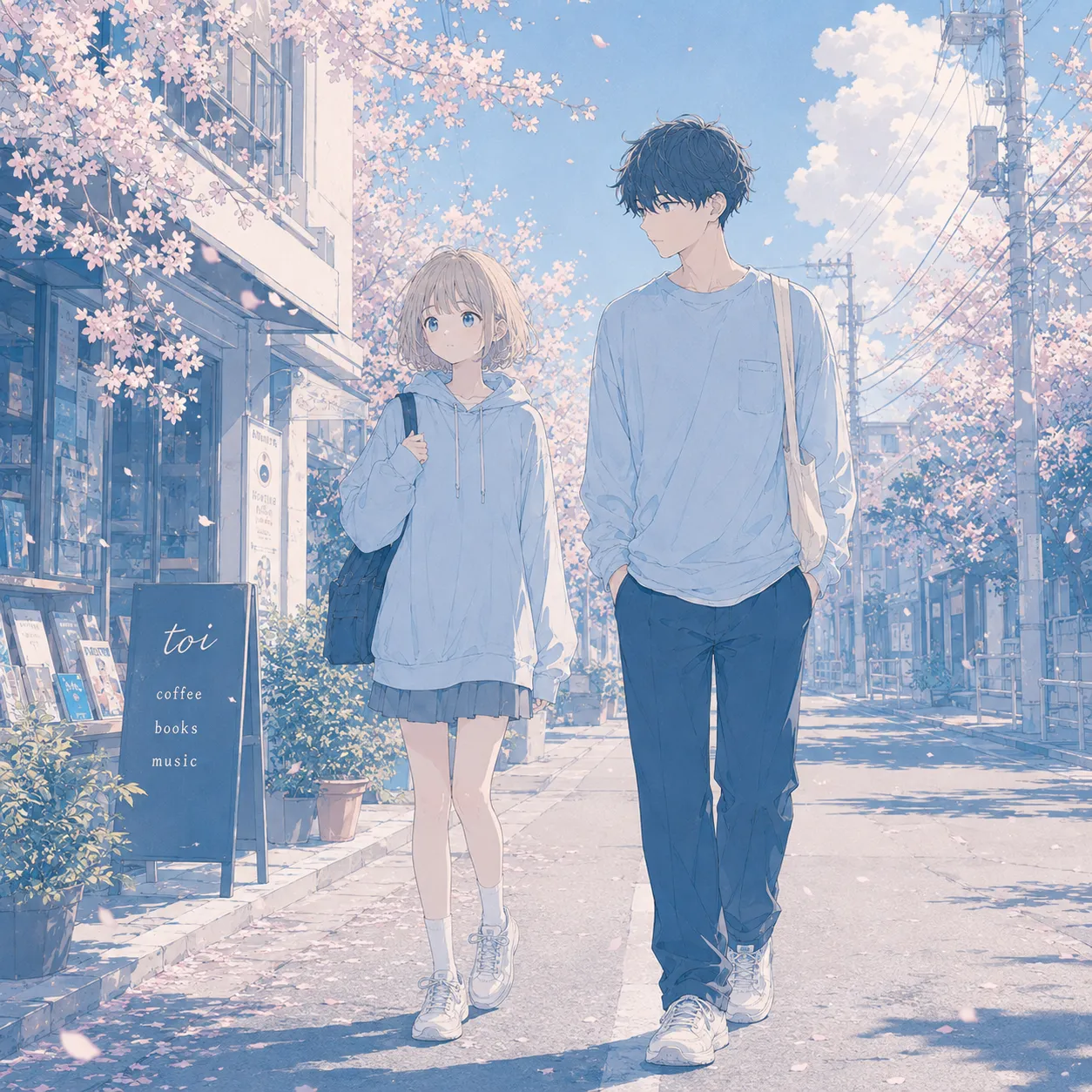 桜色の空の下、少し離れて別々の方向を見る男女