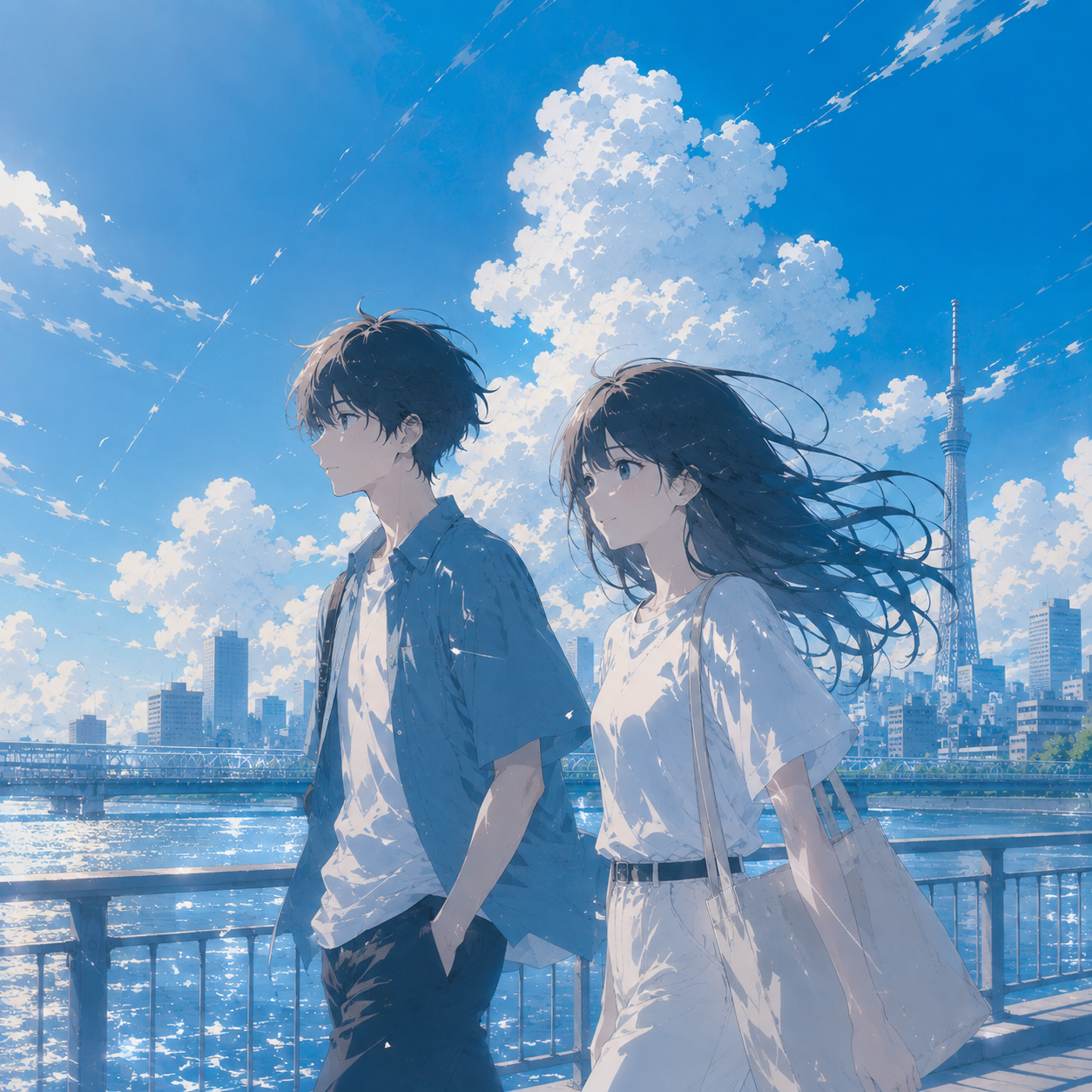 夏空とスカイツリーを背に隅田川沿いを歩く男女