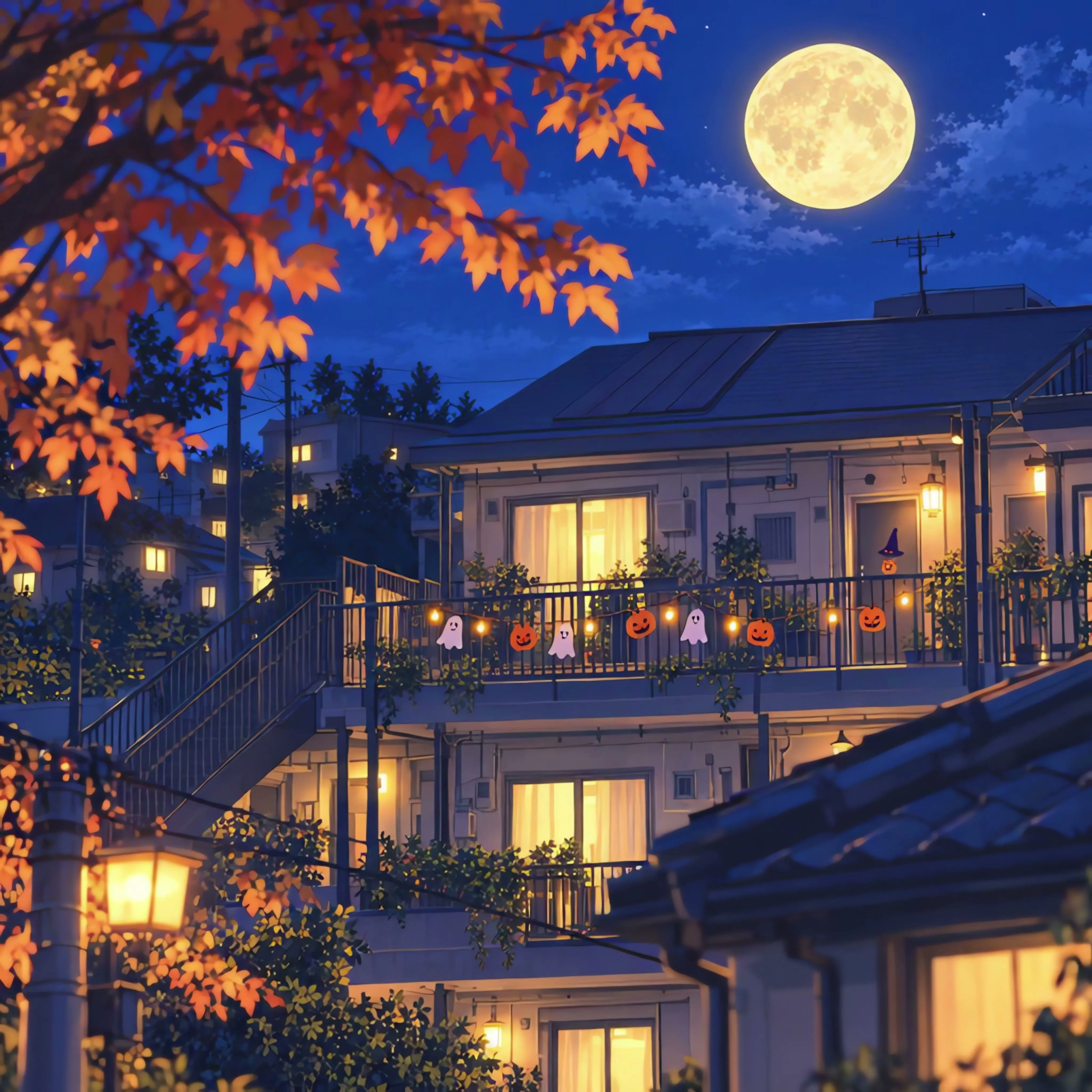 月と青い夜空の下、廊下や窓にあたたかな灯りがともるアパート