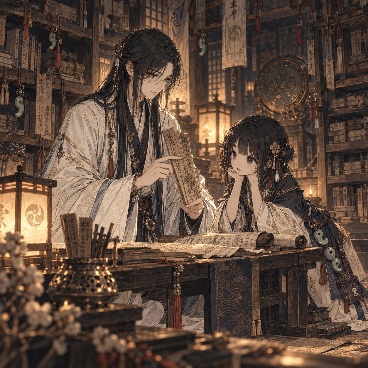 古い書物に囲まれた部屋で巻物を見る人物たちのイメージ