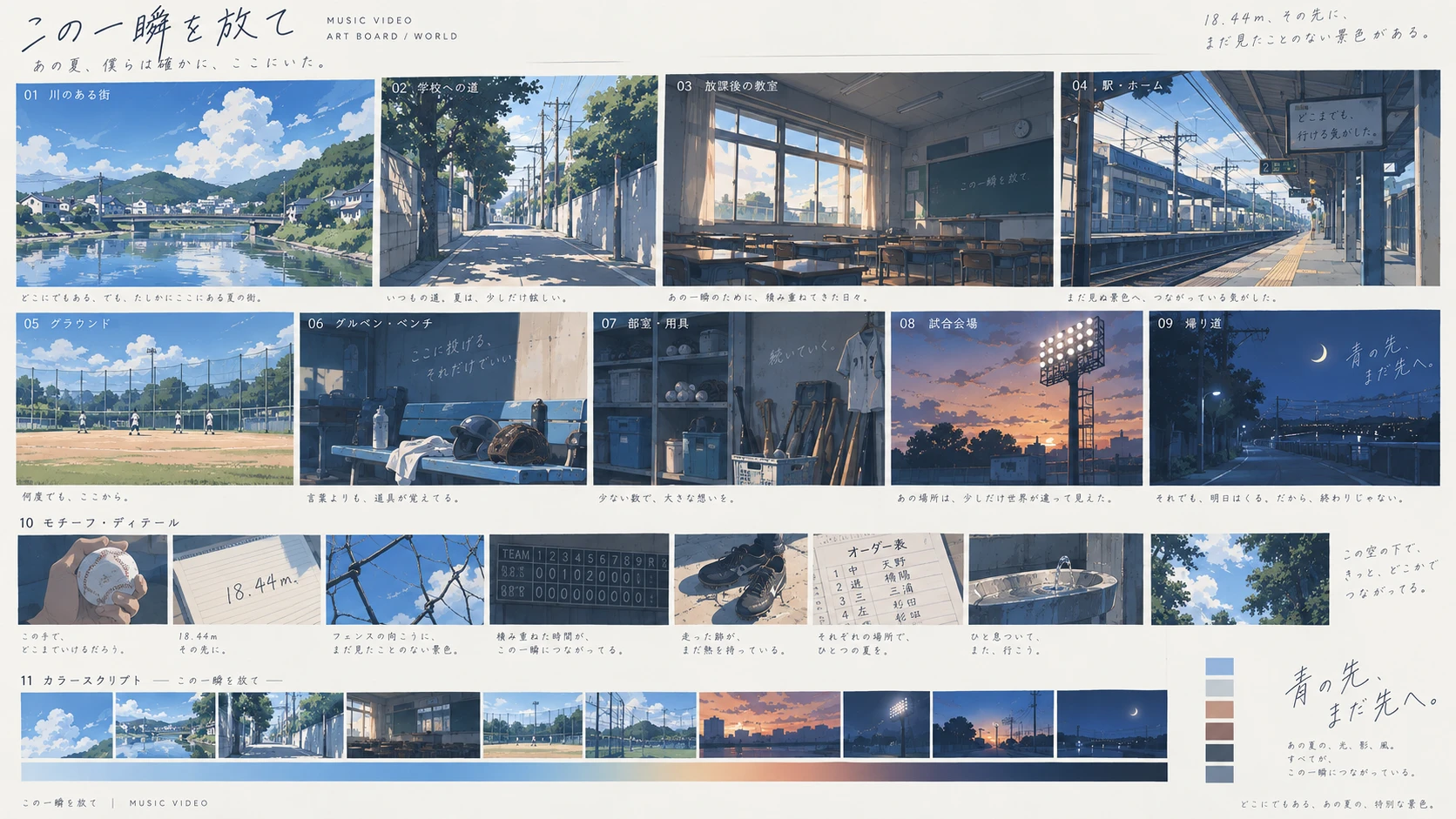 川のある街、学校への道、教室、グラウンド、夕景をまとめたアートボード