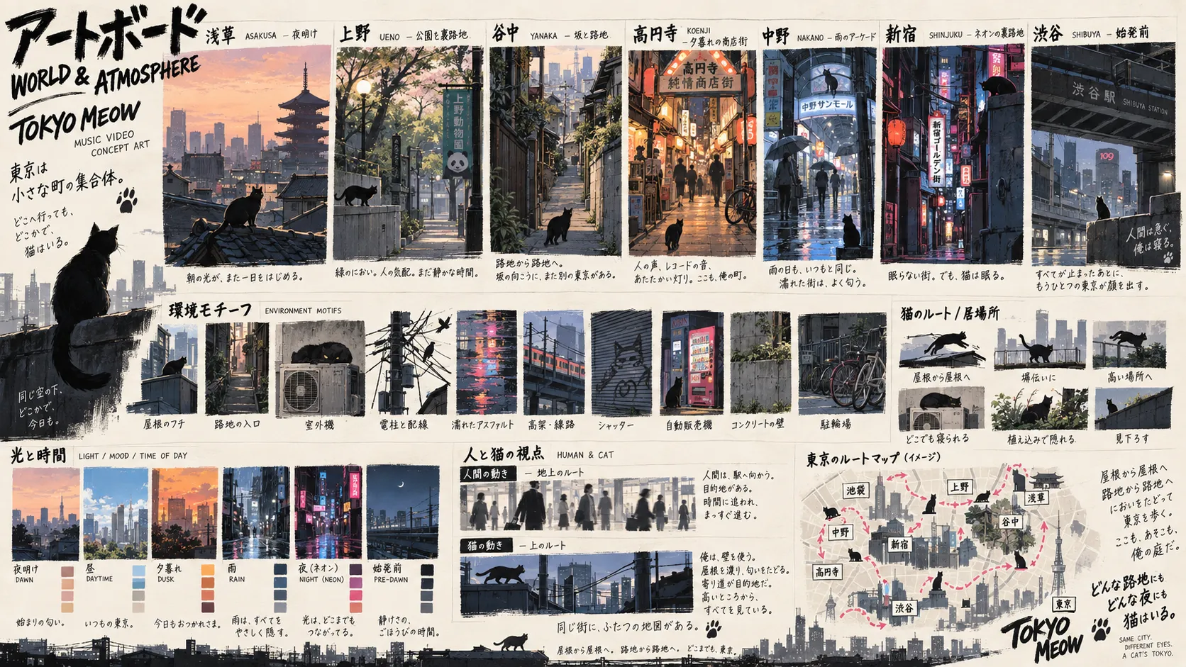 浅草、上野、谷中、高円寺、中野、新宿、渋谷の街並みと、時間帯や猫の通り道をまとめたアートボード