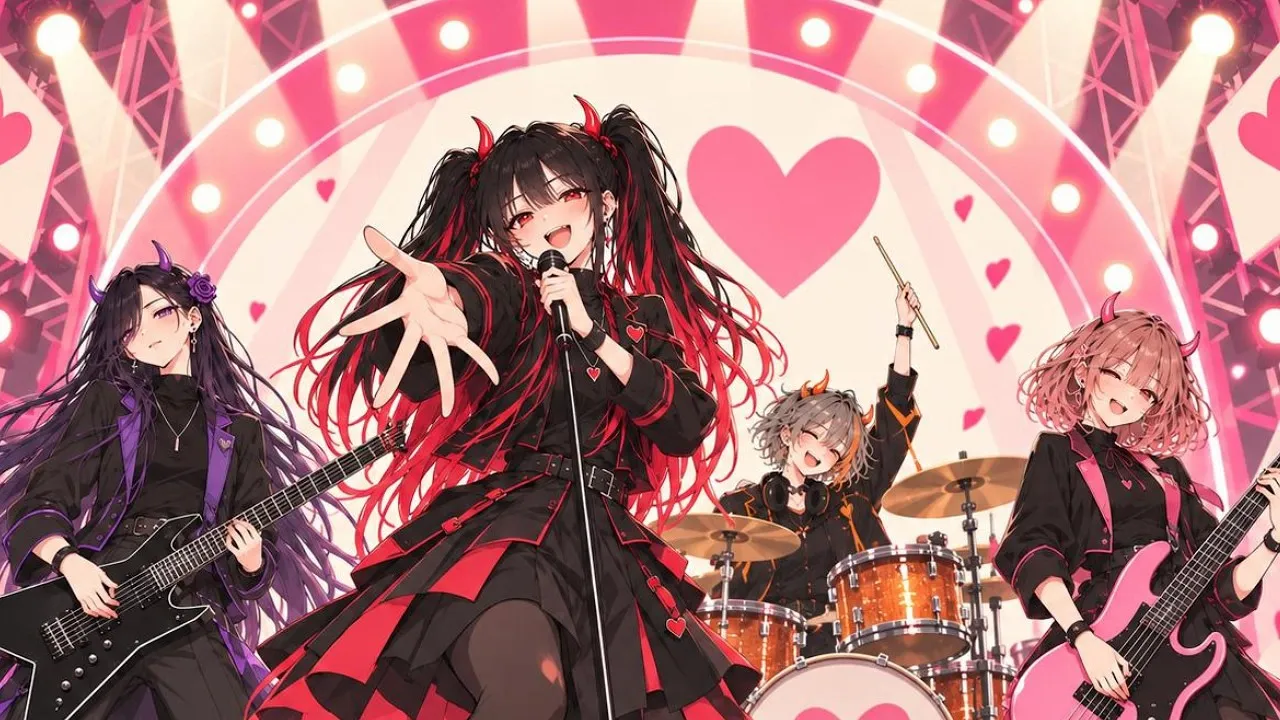 ピンクのハート照明の下で演奏する、黒・紫・グレー・ピンクの衣装をまとった4人組アイドルバンド
