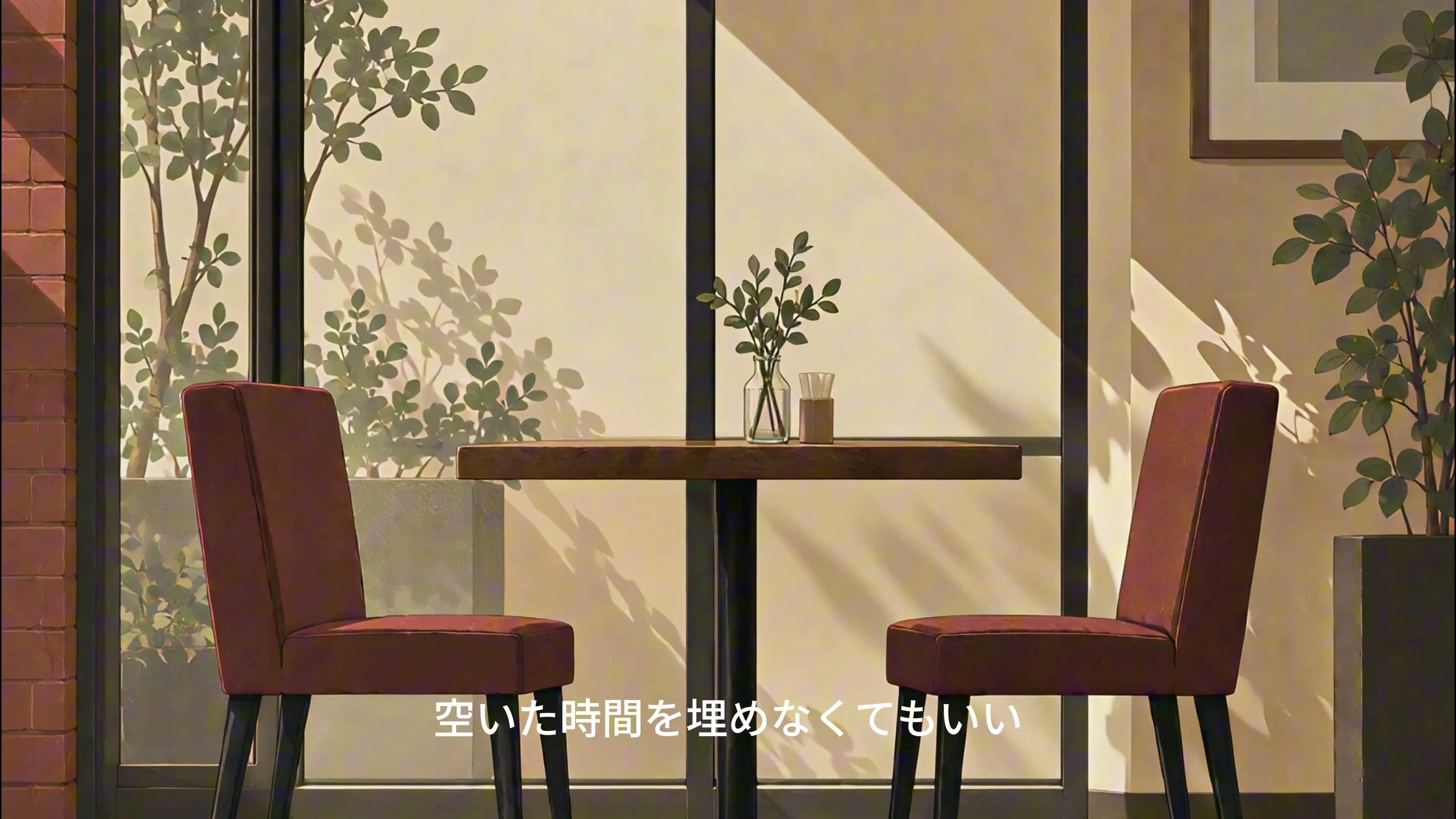 カフェの窓際に向かい合う二つの空席と、テーブルに落ちる植物の影