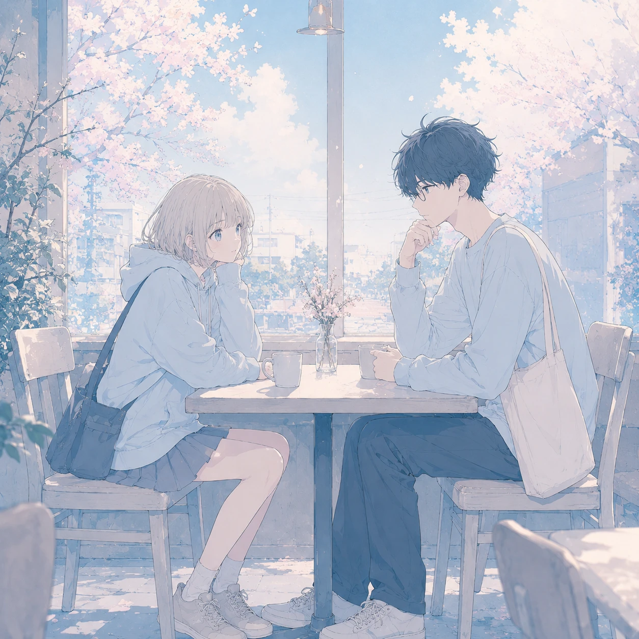 桜の見えるカフェで向かい合い、テーブル越しに話す男女