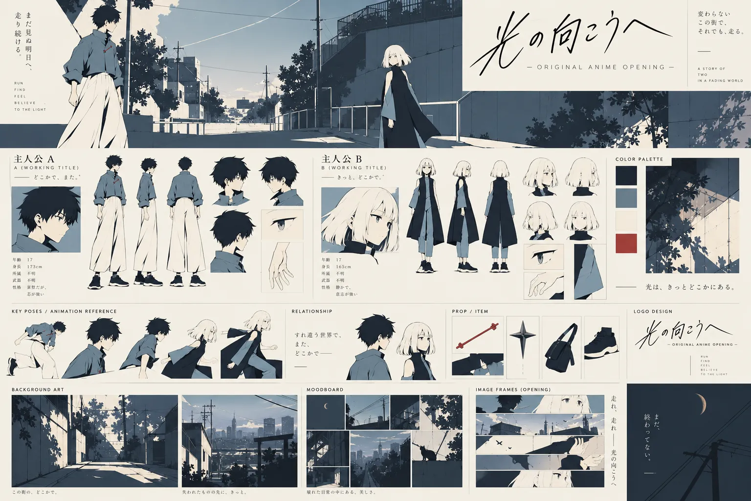 黒髪の少年と白いボブの少女の設定画、街の背景、濃紺・青灰・生成り・少量の赤を並べた制作初期のボード