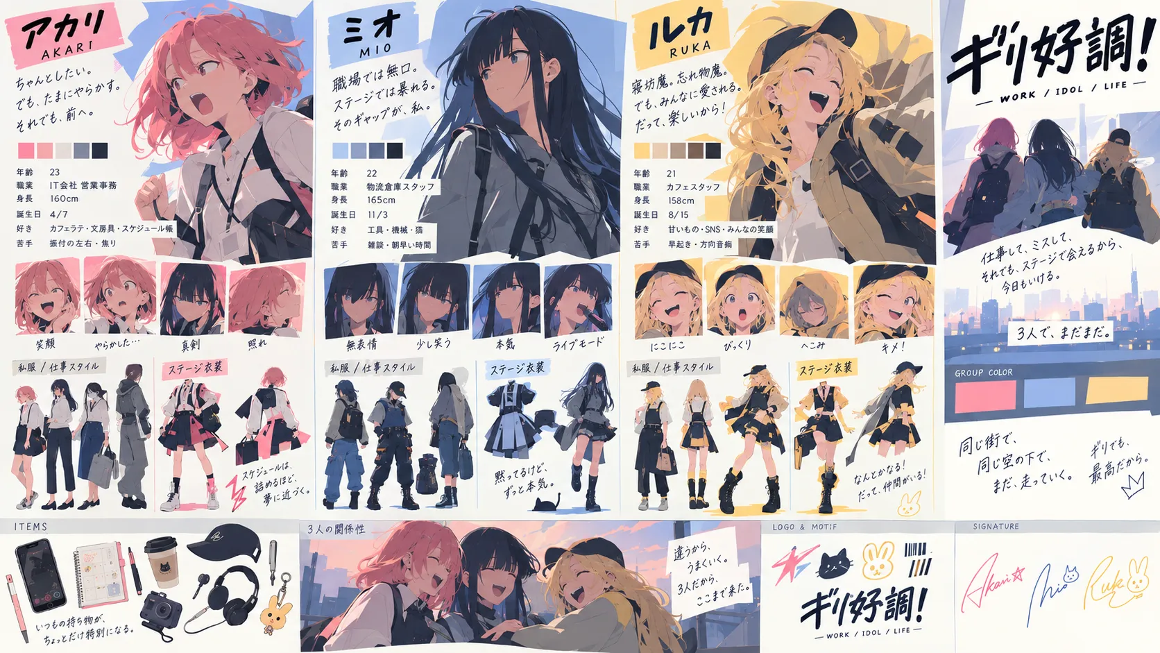 アカリ、ミオ、ルカの仕事着とステージ衣装、表情、三人の色を示すキャラクターシート
