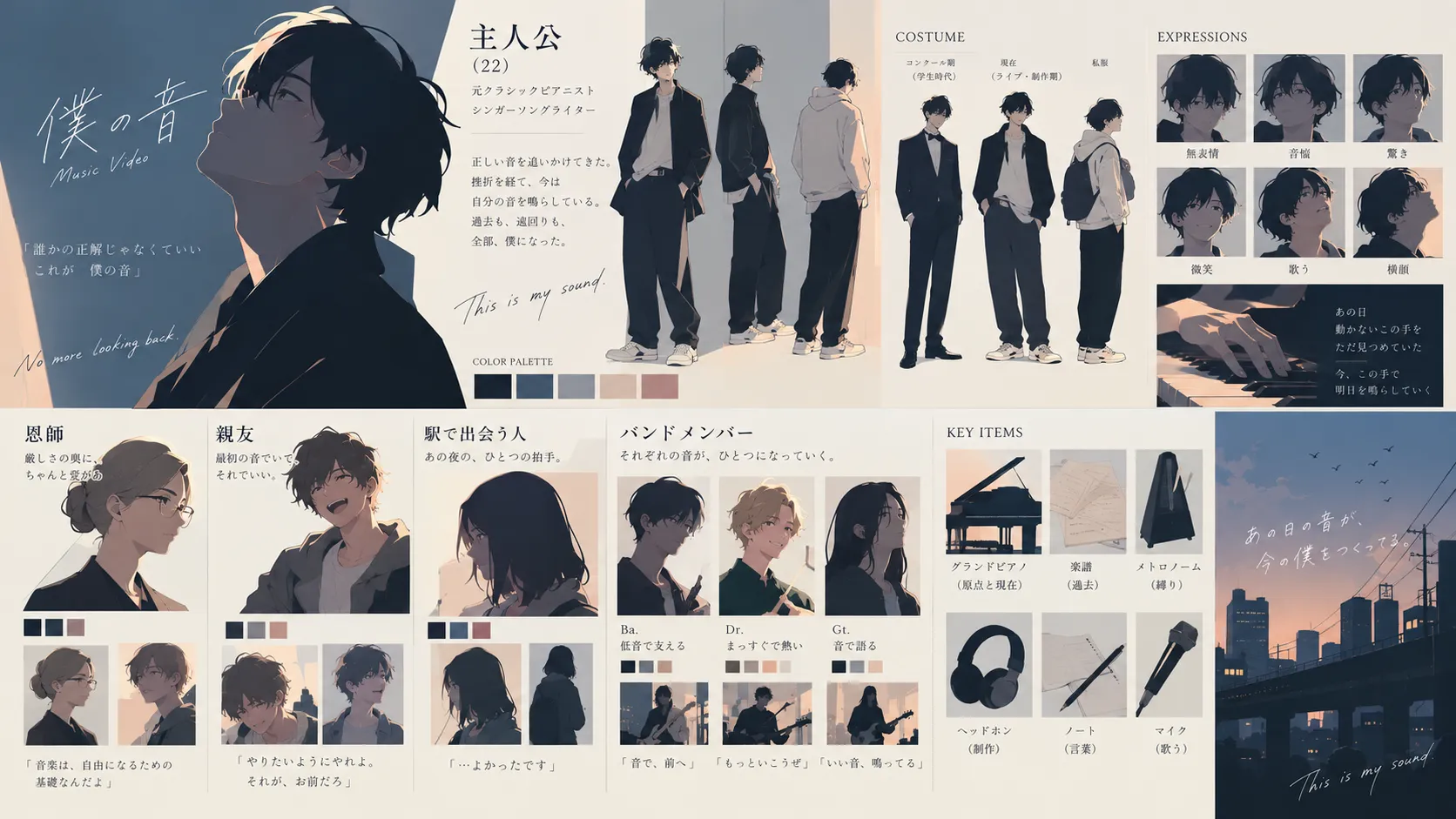主人公の服装や表情、恩師、友人、駅の聞き手、バンドの仲間を並べたキャラクターシート