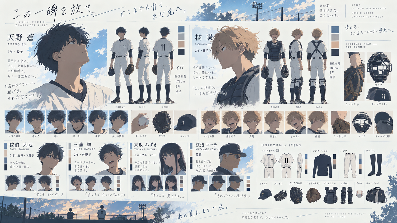 投手と捕手、主将、仲間、マネージャー、コーチの姿と野球用具をまとめたキャラクターシート