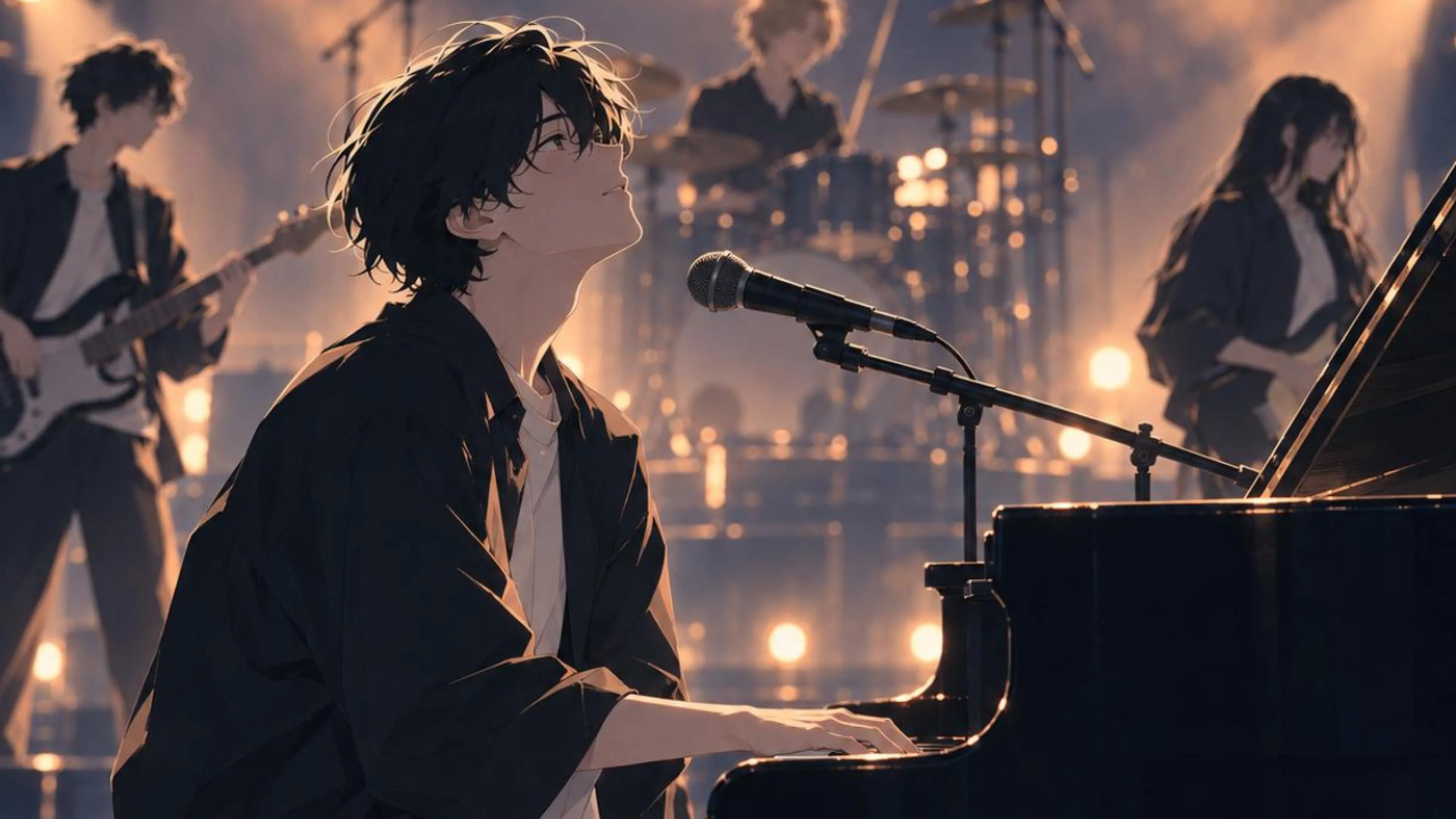 ピアノを弾きながら歌う黒髪の主人公と、後ろで演奏するベース、ドラム、ギターのバンド