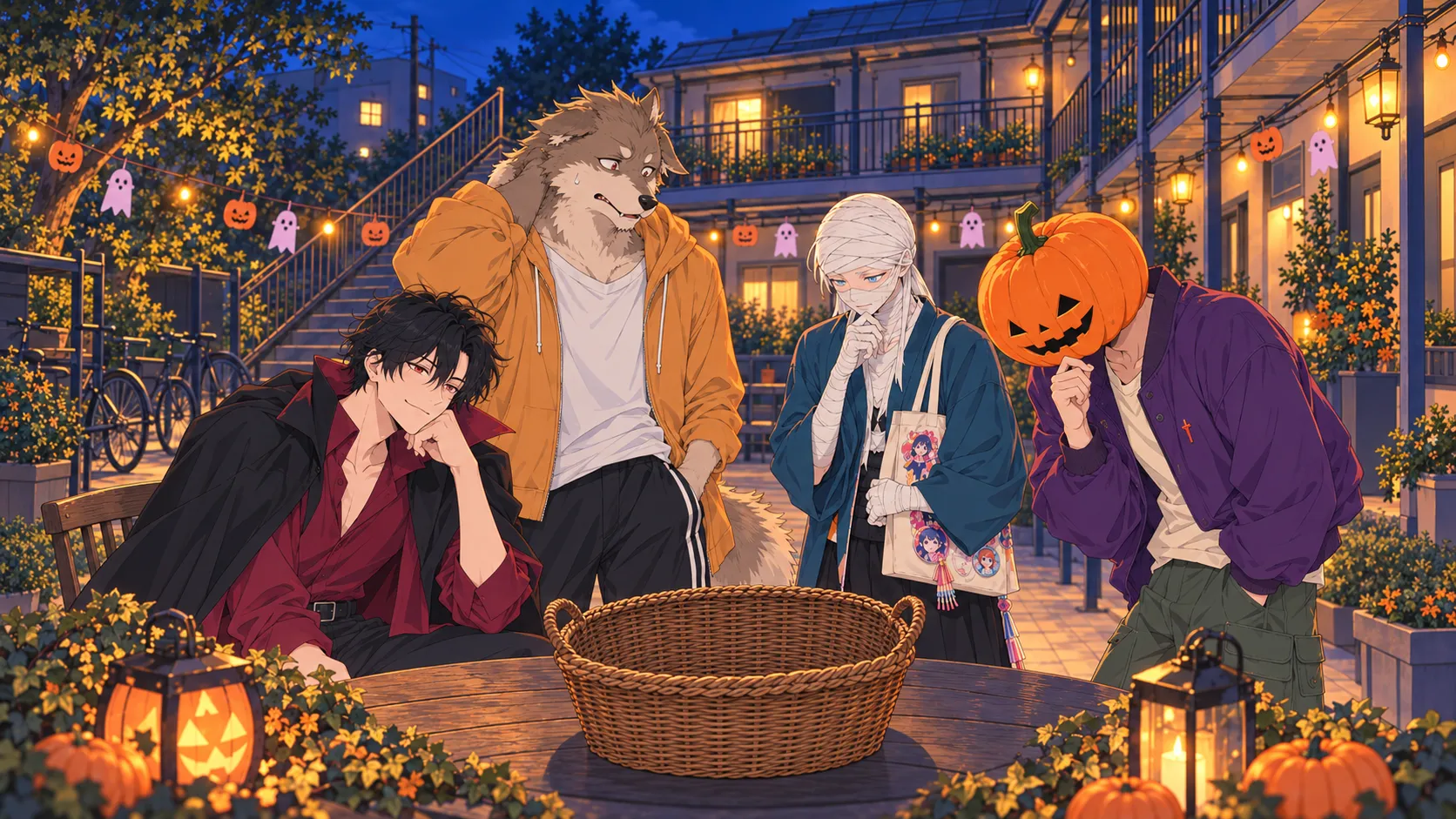 ハロウィンの灯りがともるアパートの中庭で、空のお菓子かごを囲む四人のモンスター