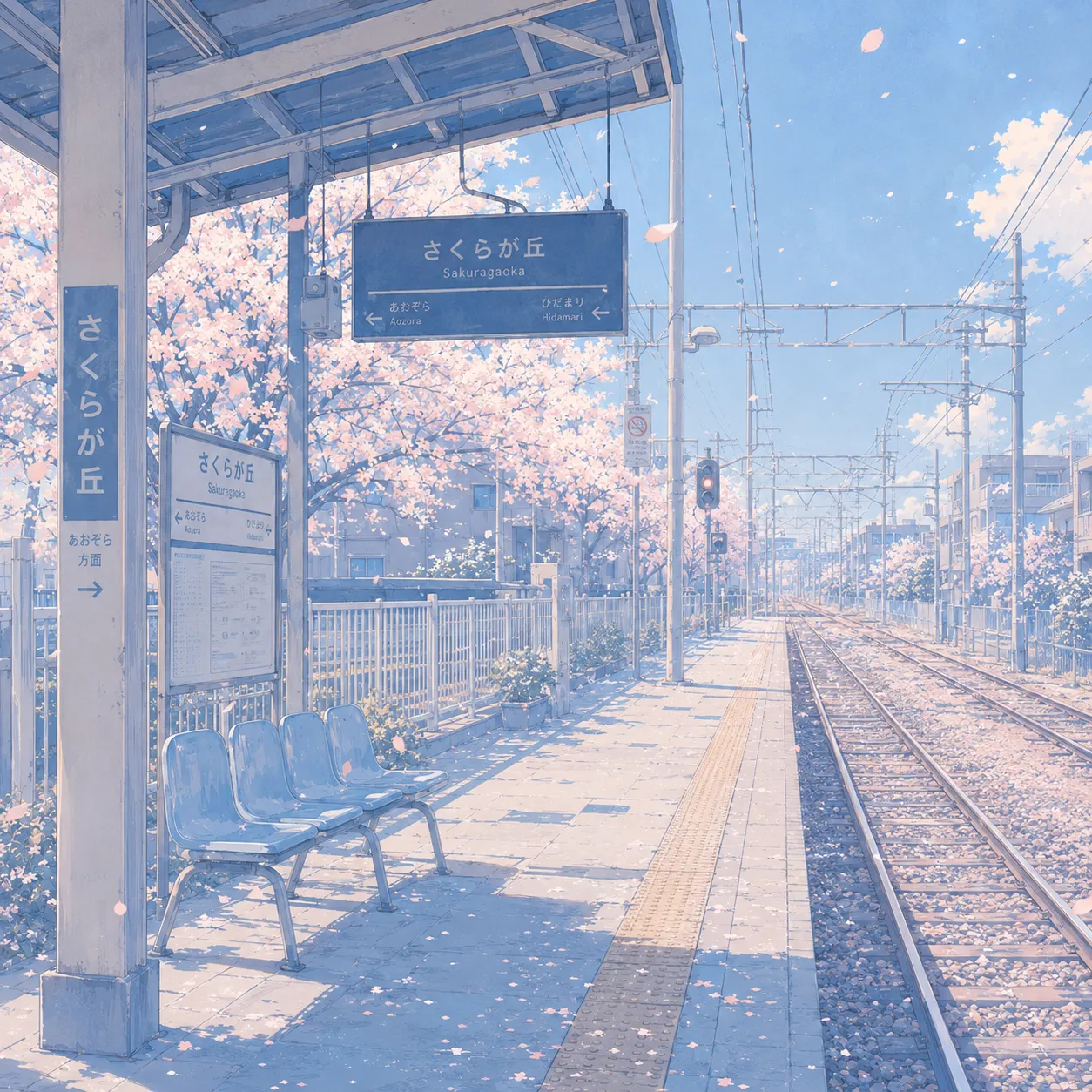桜の花びらが舞う、誰もいない小さな駅のホームと線路