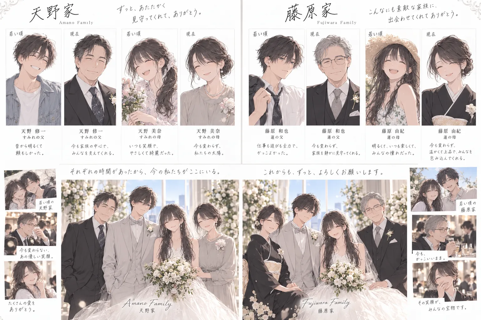 天野家と藤原家それぞれの両親を、若い頃と現在の姿で描き分けた設定資料