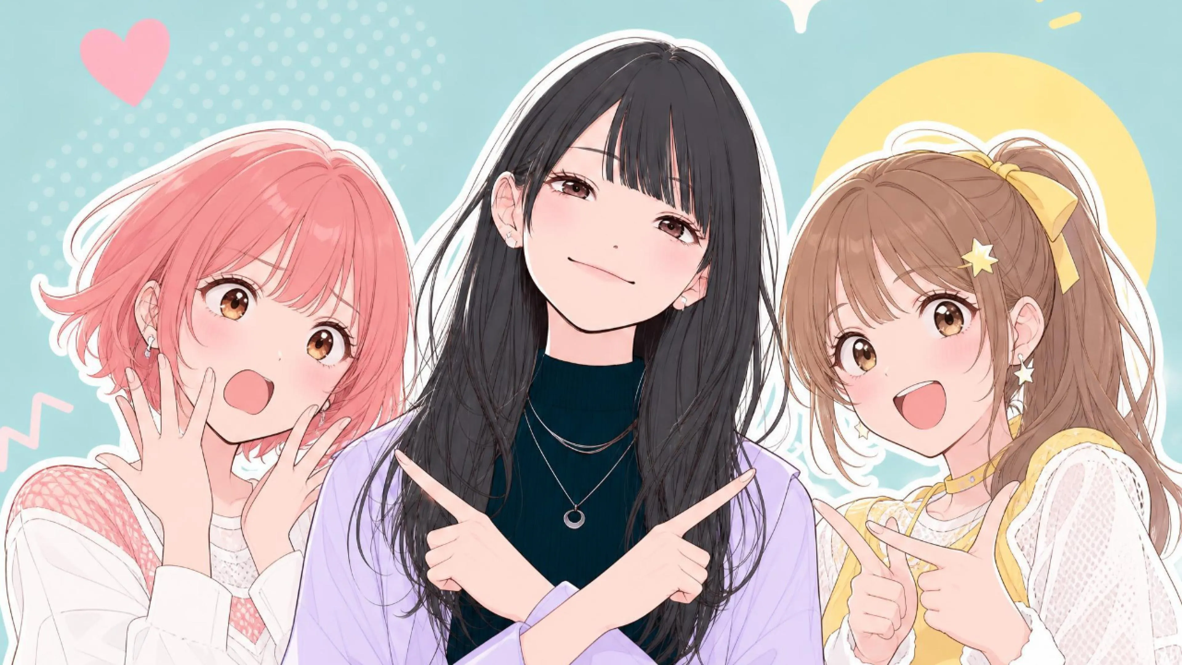 水色の背景を前にポーズを決める、ピンク、黒、茶色の髪の3人組アイドル