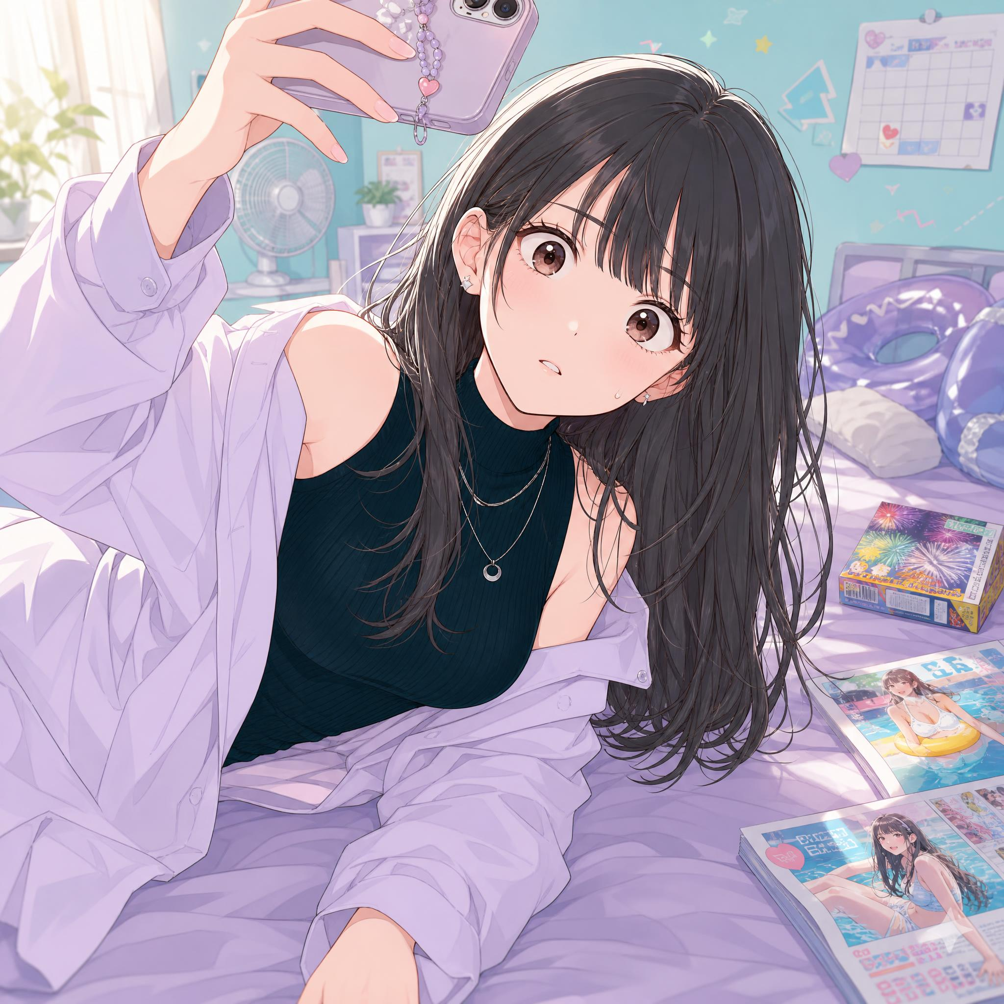 浮き輪や花火を置いた部屋で自撮りする、黒髪と紫色の上着の少女