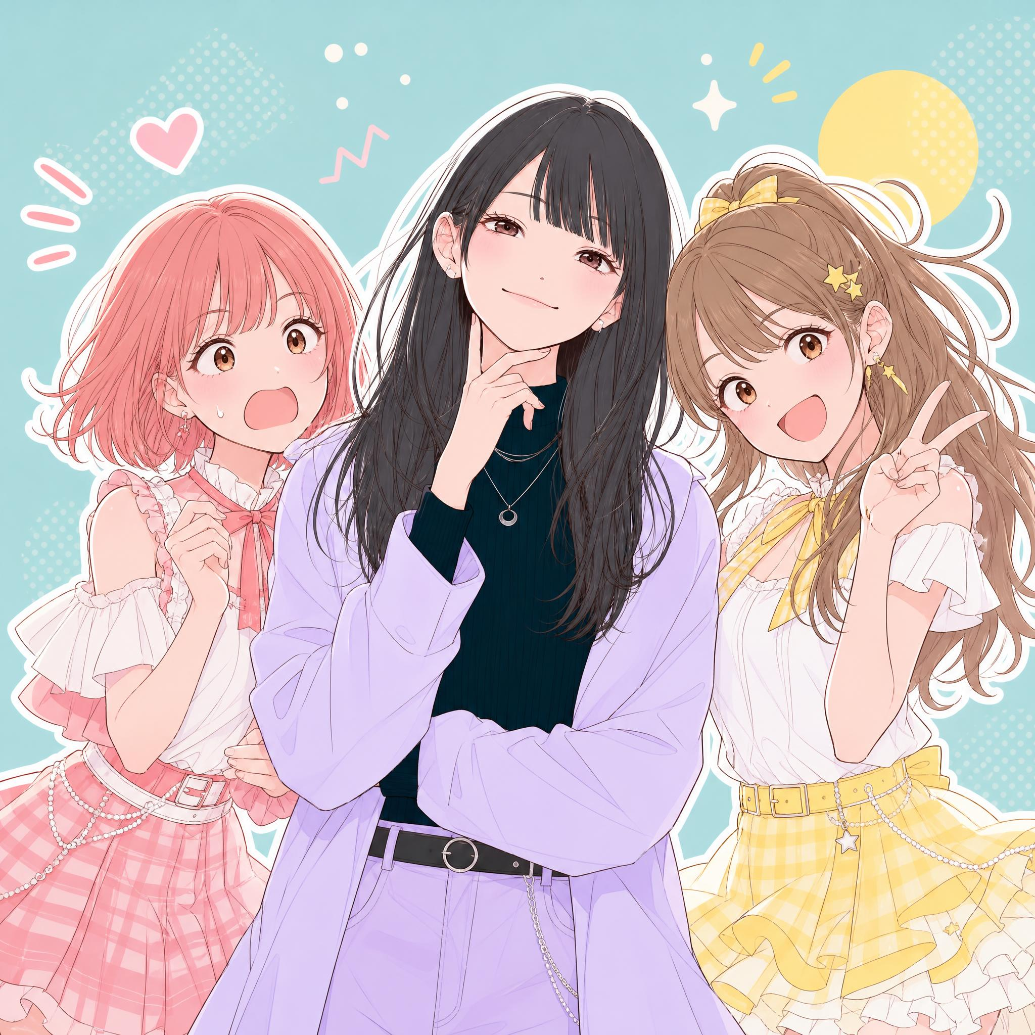 水色の背景を前に、ピンク、紫、黄色の衣装で並ぶ3人組アイドル