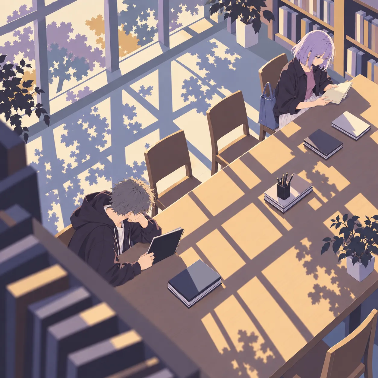木漏れ日の入る図書室で、空席を挟んで離れて座る男女の学生