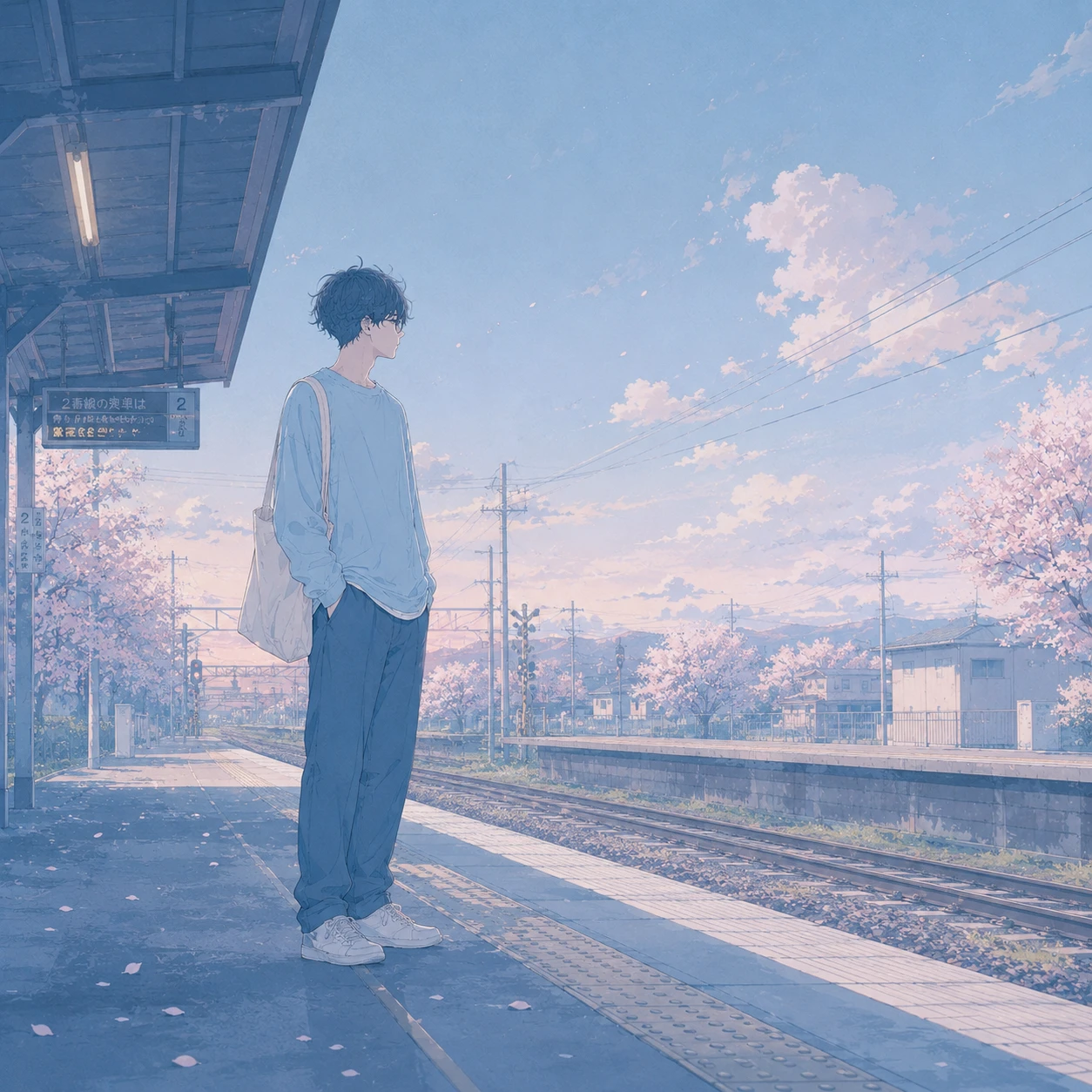 桜の咲く無人駅のホームで、一人電車を待つ黒髪の男性