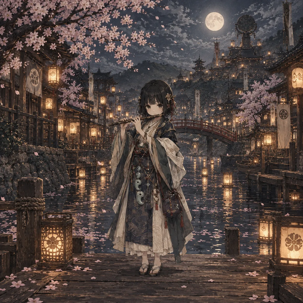満月と桜が浮かぶ夜の水辺で笛を吹く少女