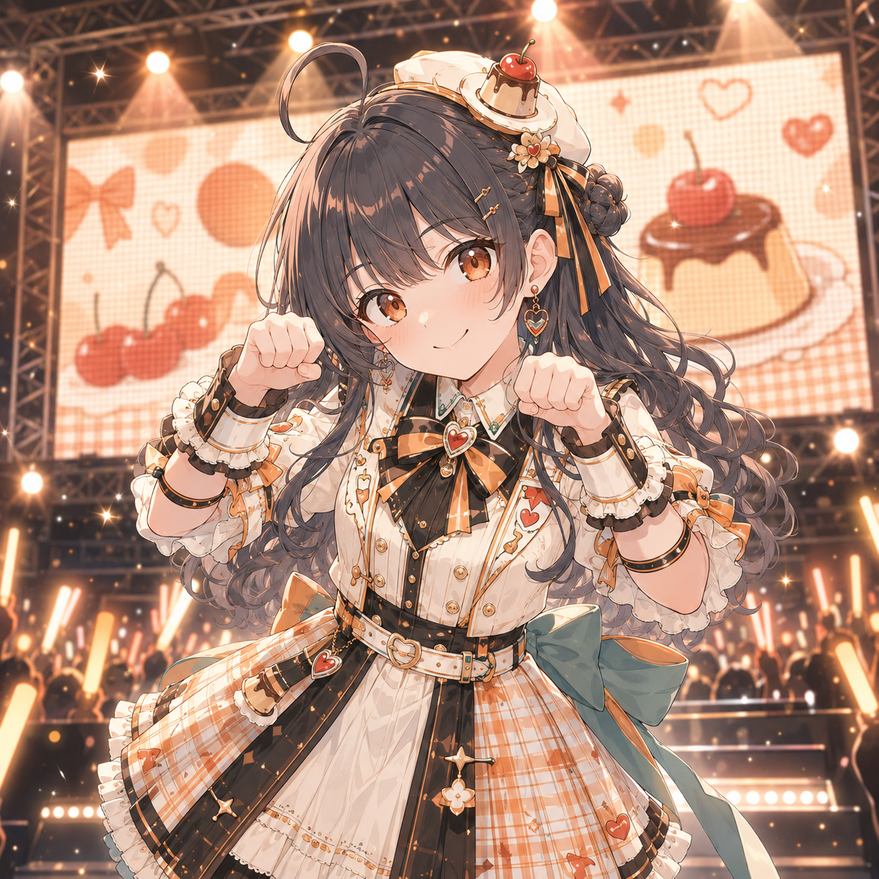 プリンとさくらんぼの映像を背に、ステージでポーズを取るプリンちゃん