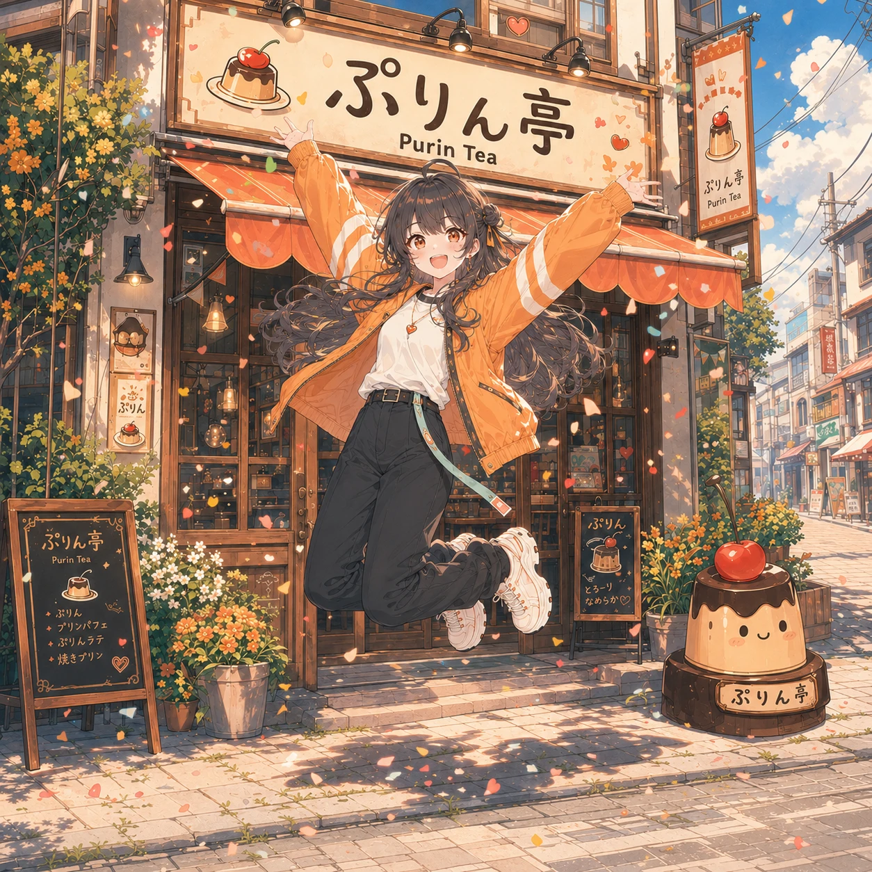 プリン専門の喫茶店の前で、オレンジ色の上着を着て跳ぶ少女