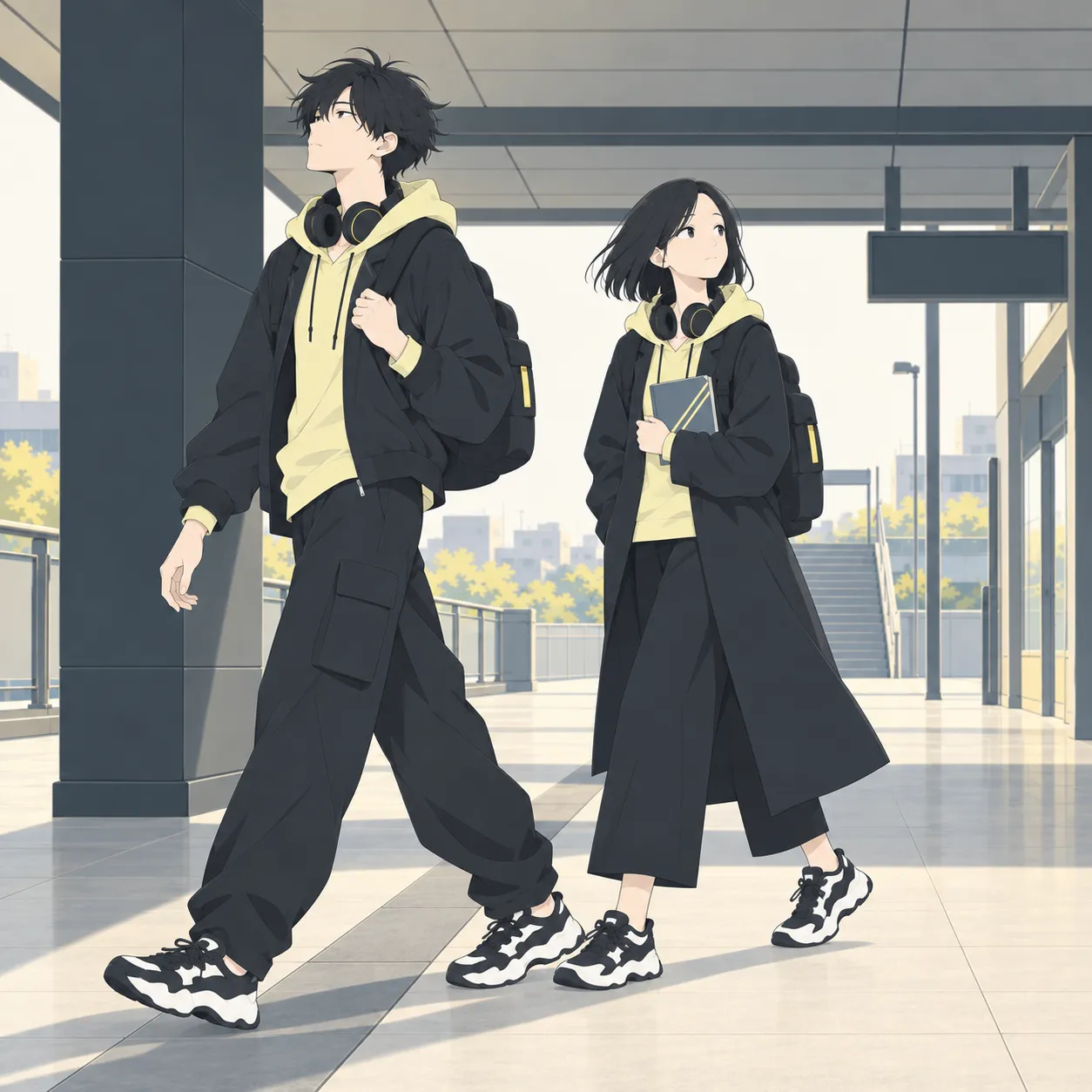 明るい駅の通路を、バックパックの男性と閉じたガイドを抱えた女性が並んで歩いている