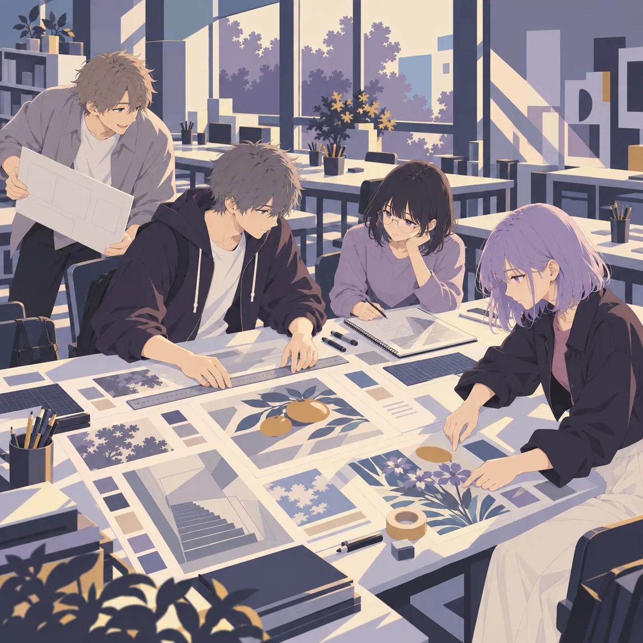 光の入る制作室で、四人の学生が定規や紙、花の作品を囲んで共同課題に取り組んでいる