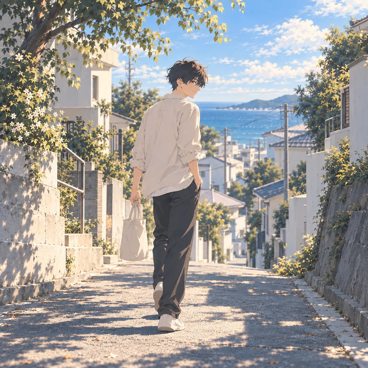 普段着の主人公が海の見える住宅街の坂道を一人で歩く