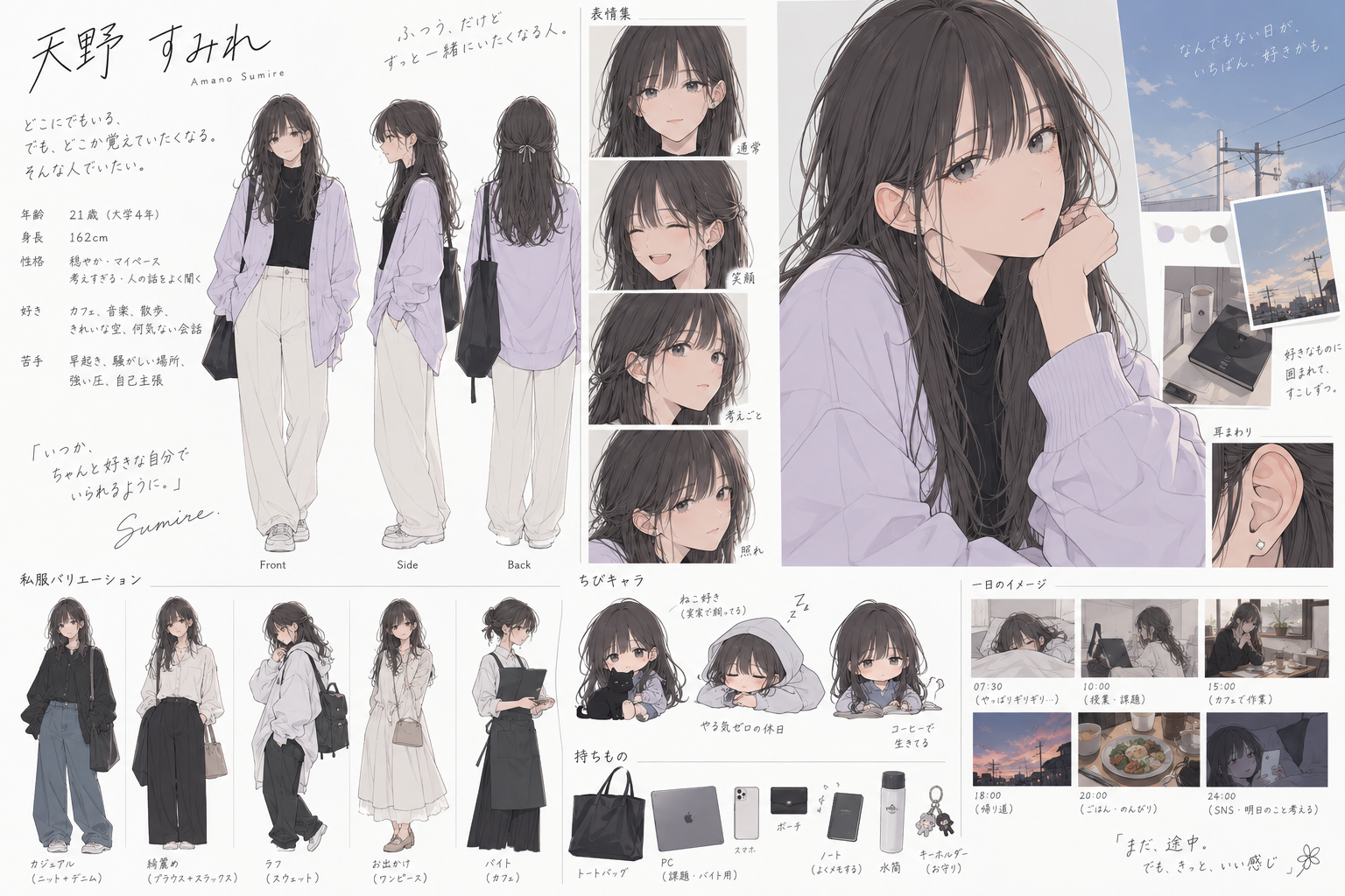 天野すみれの表情、私服、持ち物と一日のイメージをまとめた設定資料
