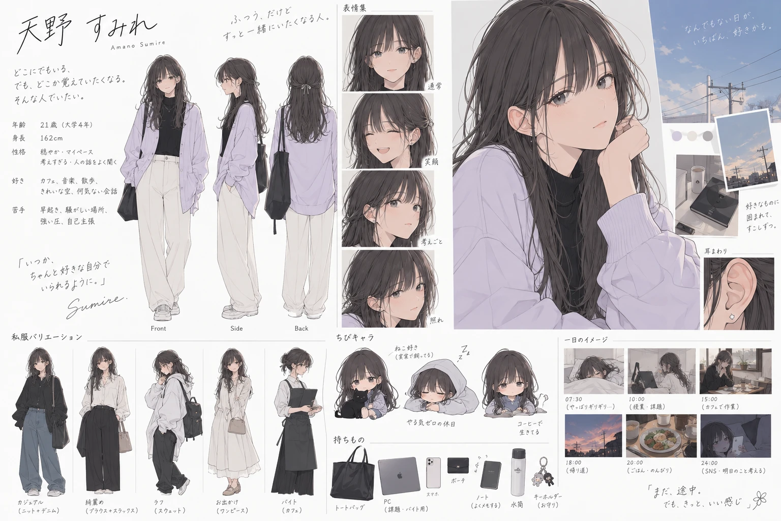 天野すみれの表情、私服、持ち物と一日のイメージをまとめた設定資料
