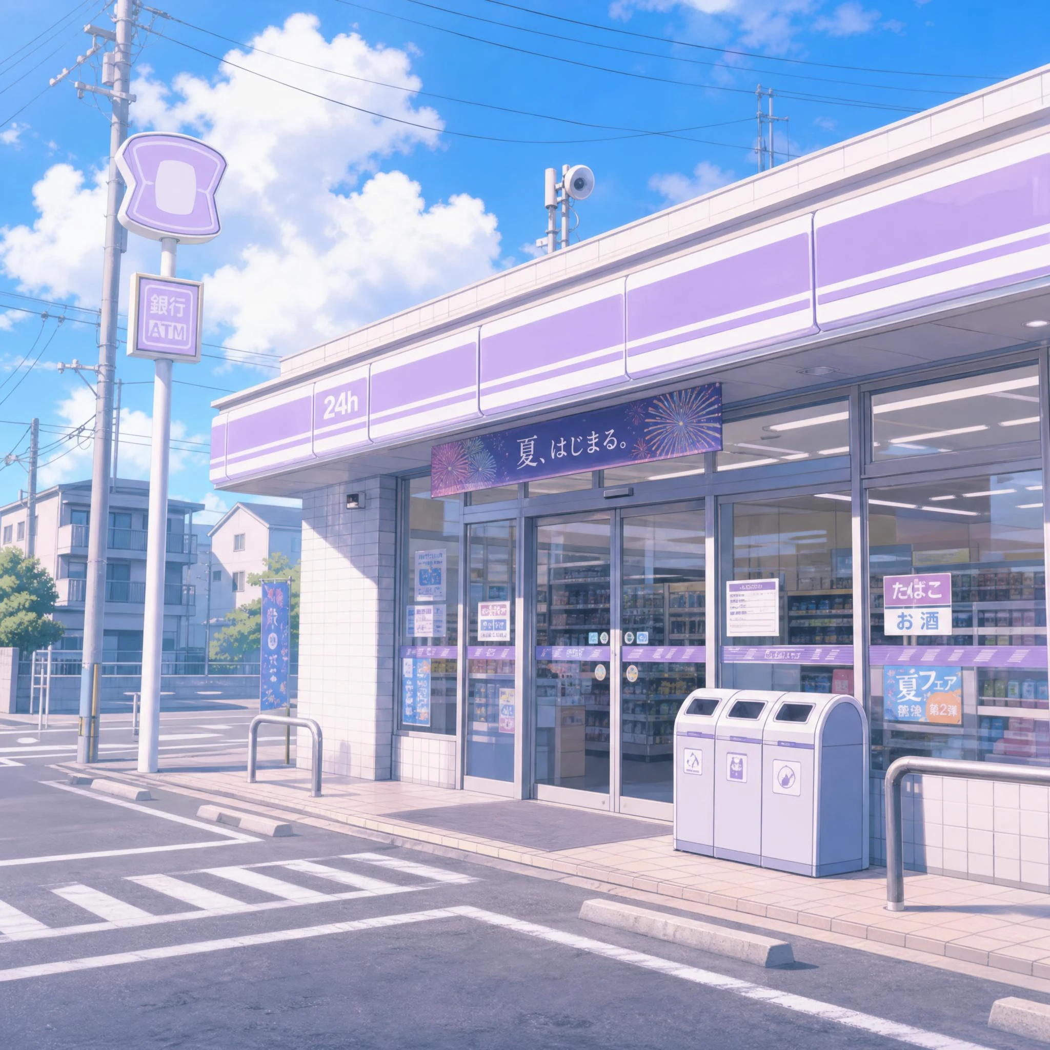 青空の下にある紫色の看板のコンビニと、夏の始まりを知らせる花火柄の横断幕