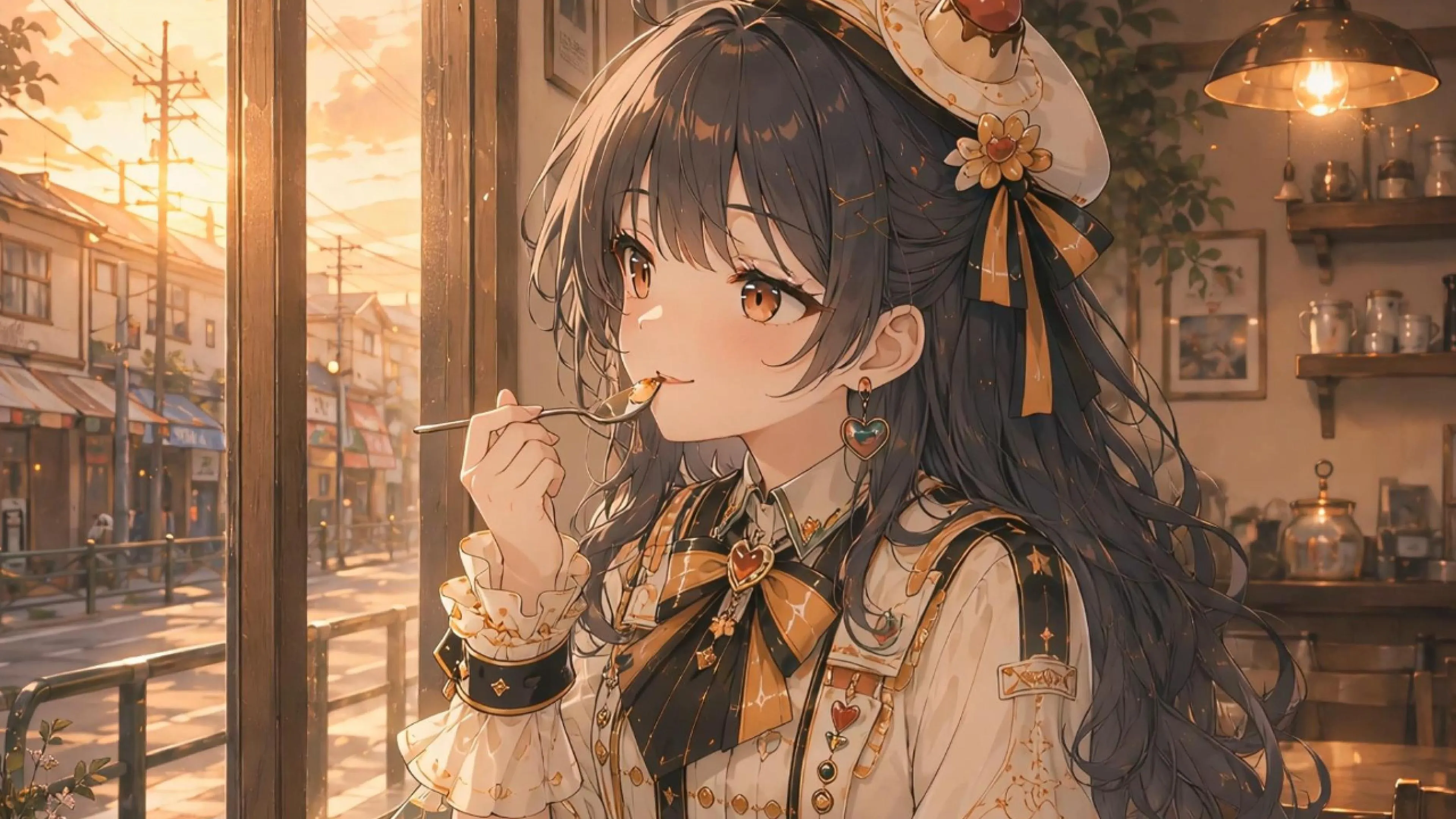 夕暮れの喫茶店でプリンを口に運ぶ、プリンの帽子をかぶった少女