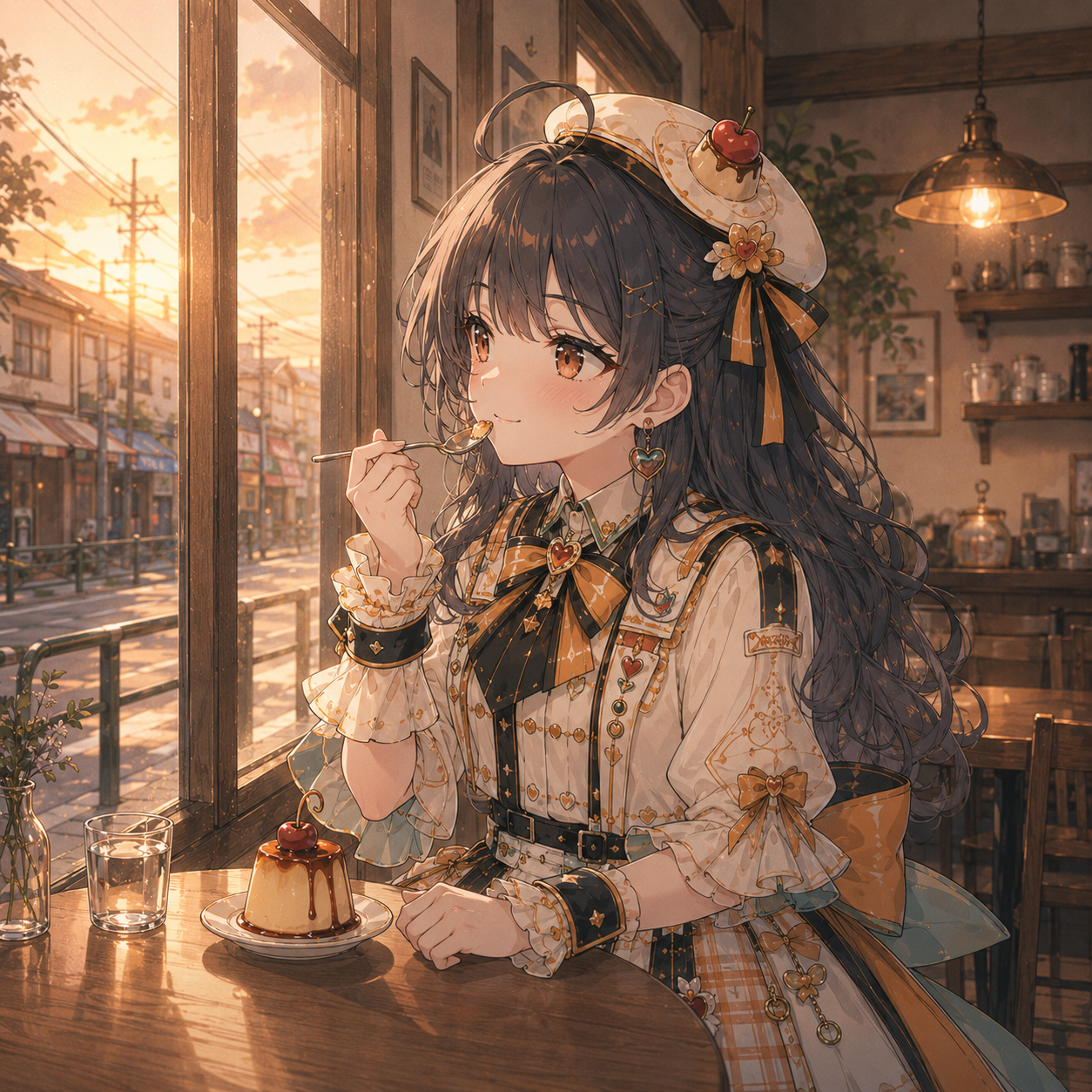 夕暮れの喫茶店でプリンを食べるプリンちゃん