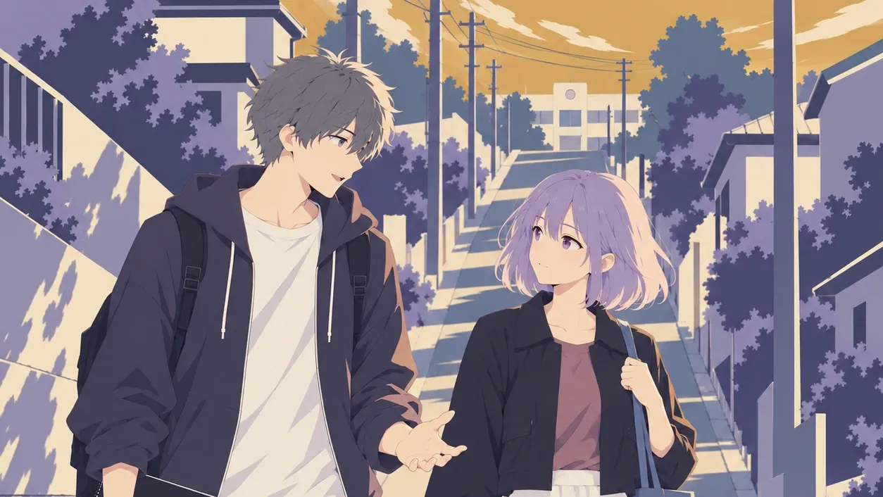 夕方の坂道で、黒いスケッチブックを持つ男子学生と花の作品を持つ女子学生が話している