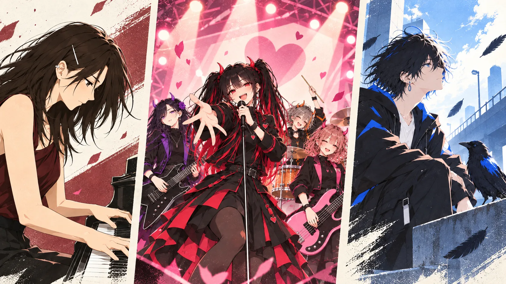左から『未定でいい』のピアノ演奏、『Black Out！』のアイドルバンド、『クロウ』の人物とカラスを並べた画像