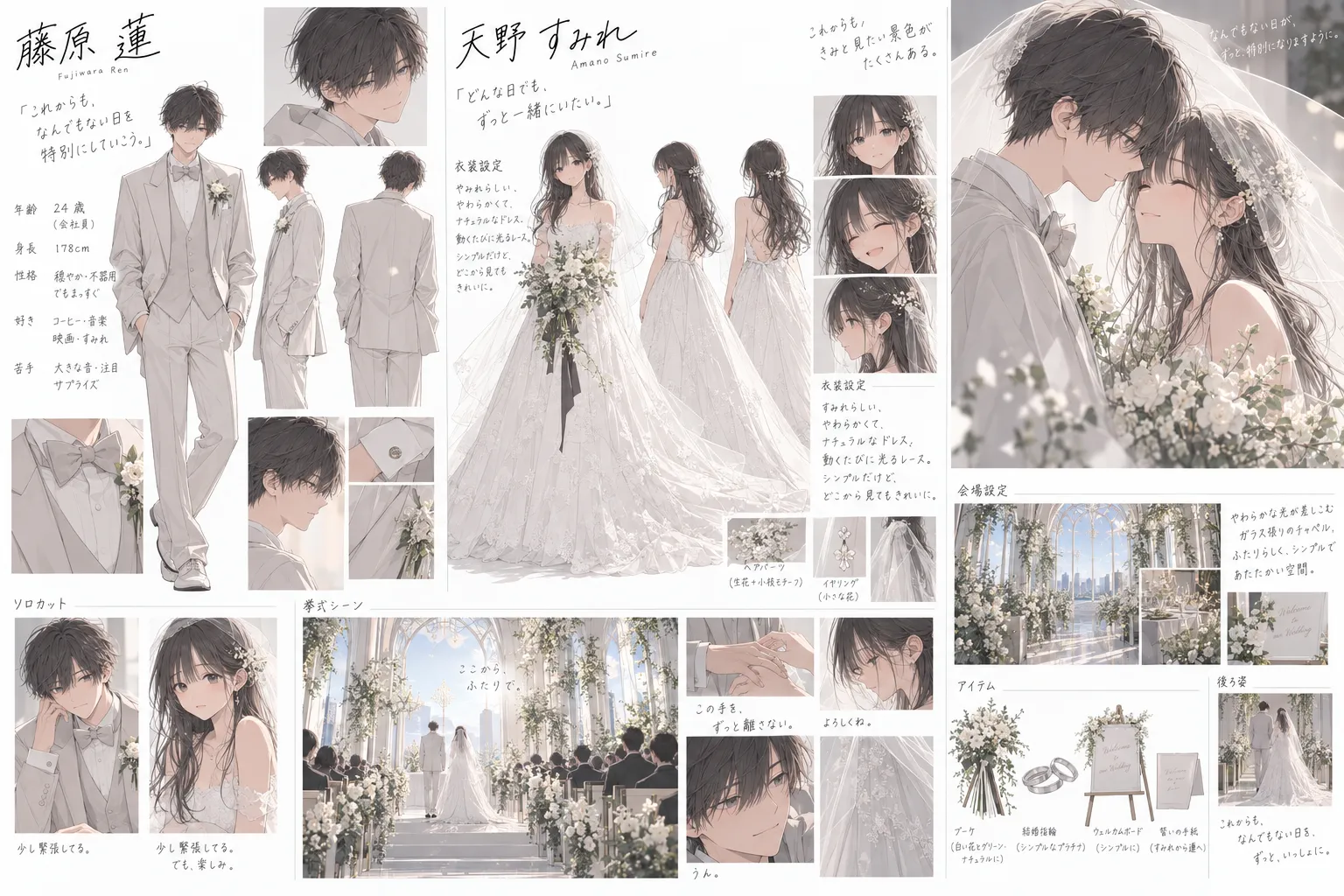 新郎の藤原蓮と新婦の天野すみれの表情、衣装、式場や挙式シーンをまとめた設定資料