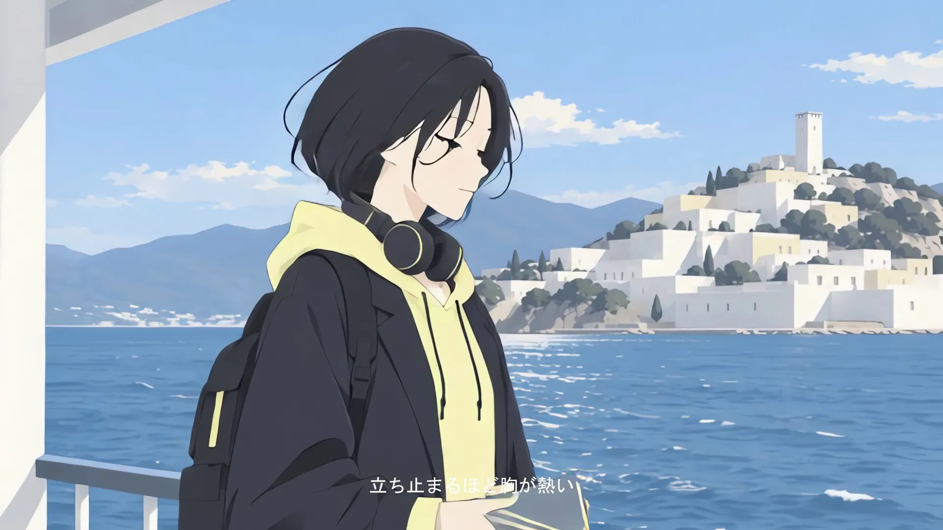 船上で閉じた目の女性がガイドを持ち、海と白い街を背に立っている横長の映像。下に白い歌詞が表示されている