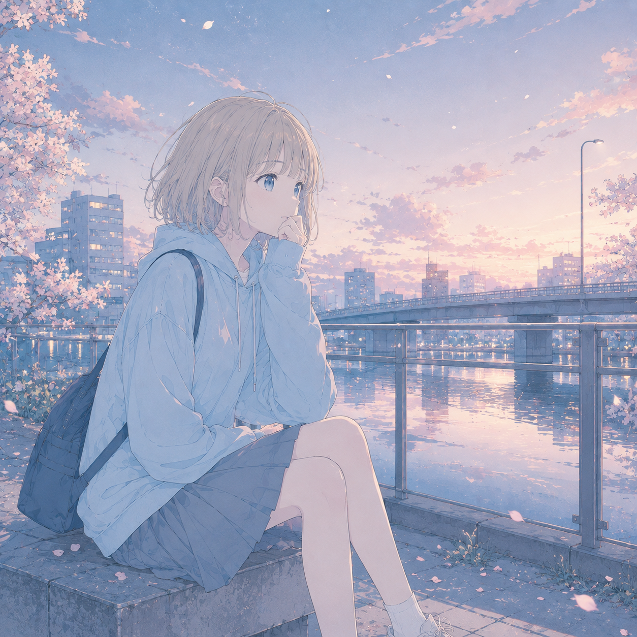 桜と夕暮れの街を背に、川辺で一人座る短い髪の女性