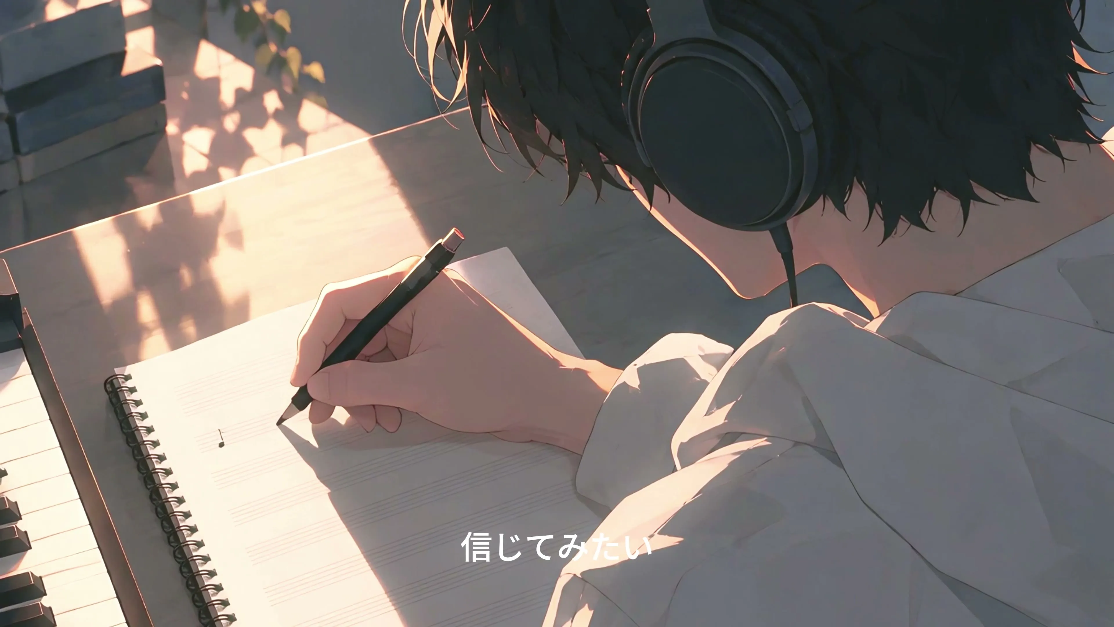 ヘッドホンをつけた主人公が、自室の机で五線のあるノートに書き込む手元